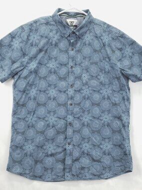 Vissla Shirt Mens Medium Blue Floral 100% Organic Cotton Short Sleeve Button-Up